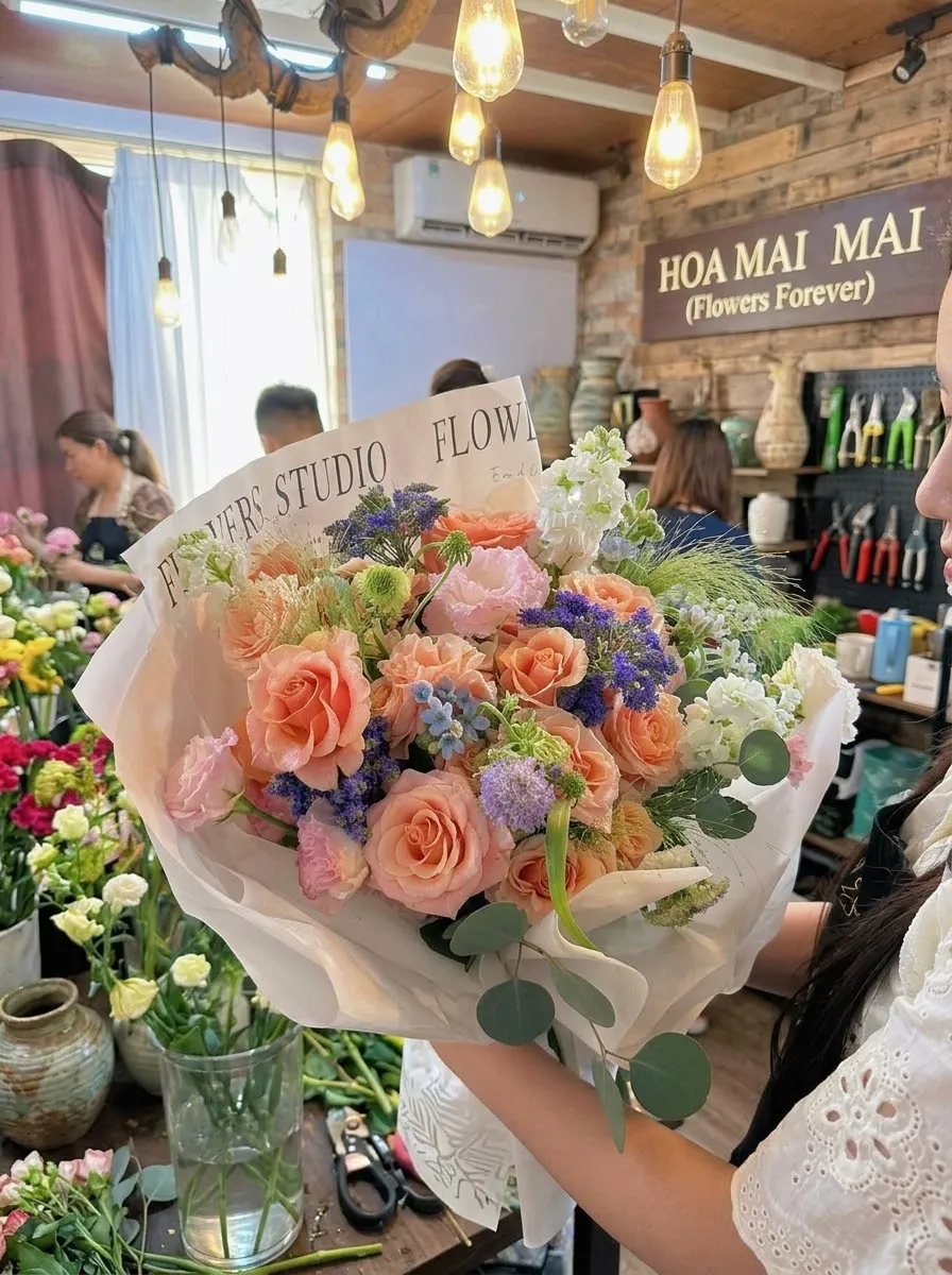 Bó hồng cam phối statice tím tại Đường Đặng Văn Ngữ, Hồ Chí Minh