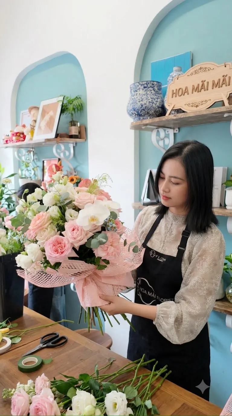 Bàn gói hoa và bó hồng pastel tại Huyện Krông Ana, Đắk Lắk