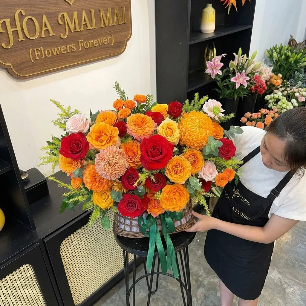 Giỏ hoa đỏ cam đặt trên đôn tại Lệ Thủy, Quảng Bình