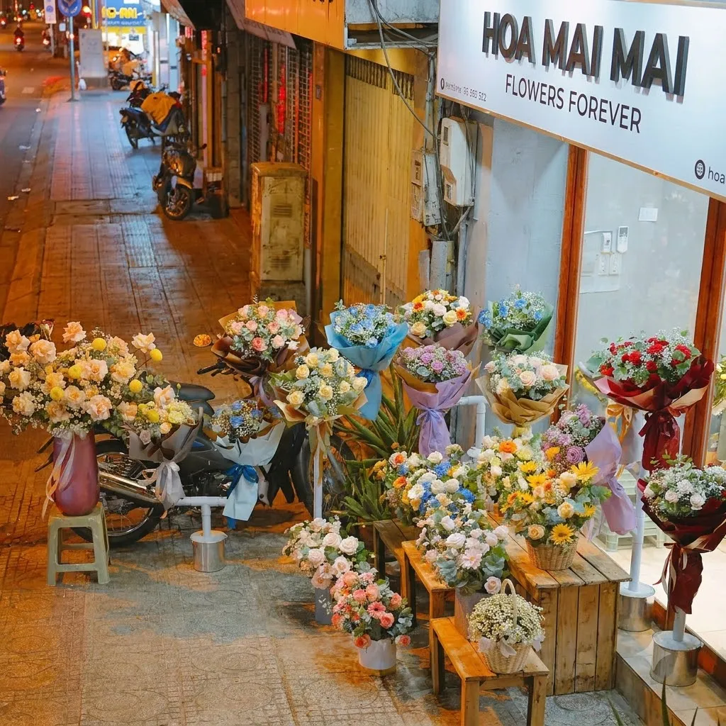 Mặt tiền shop hoa buổi tối tại Đường Phan Tứ, Đà Nẵng