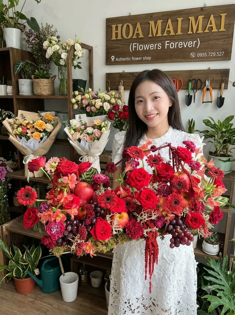 Giỏ hoa đỏ kết trái cây tươi tại Huyện Văn Yên, Yên Bái