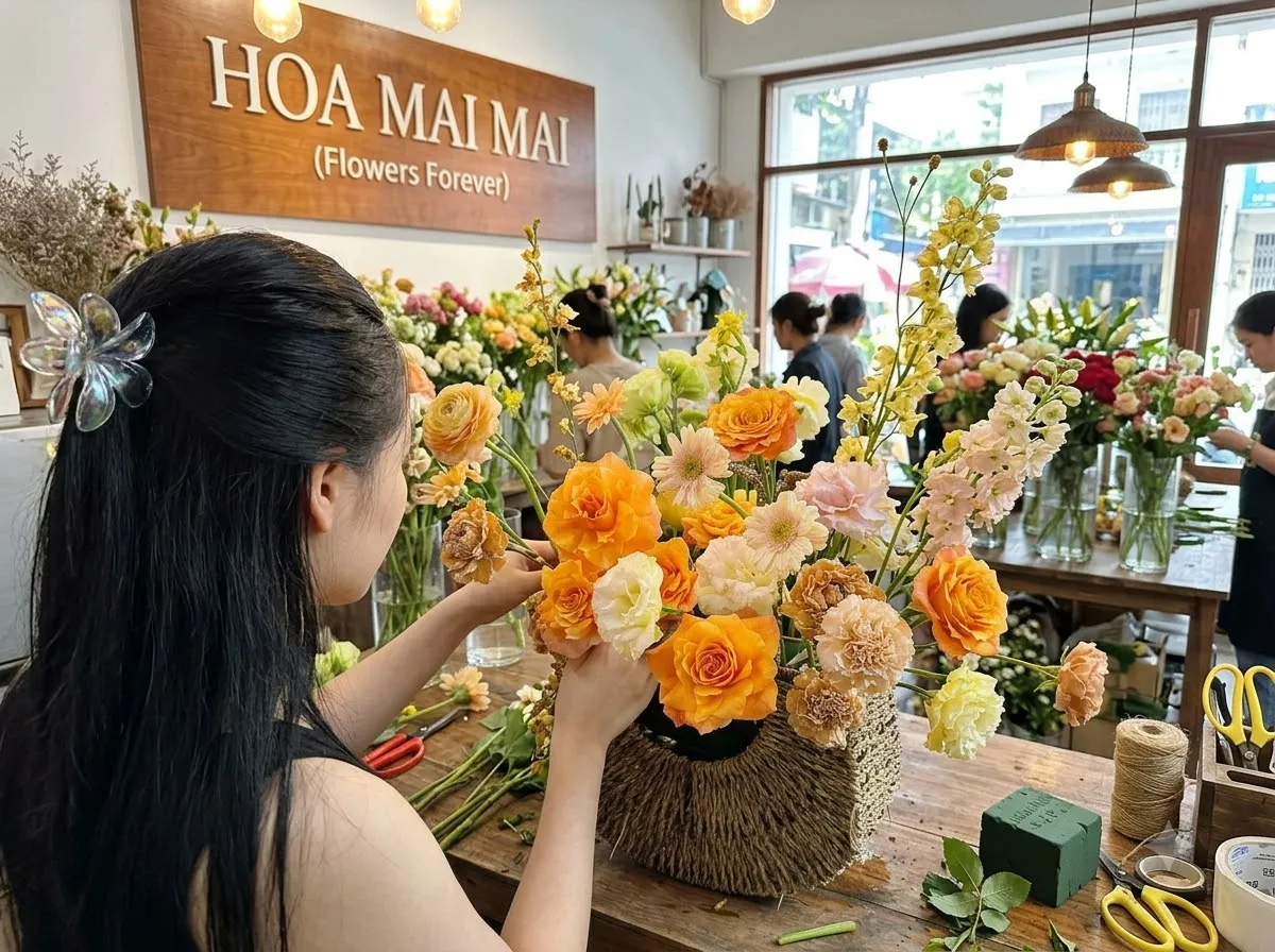 Nhân viên hoàn thiện giỏ hoa vàng cam tại Huyện Vạn Ninh, Khánh Hòa