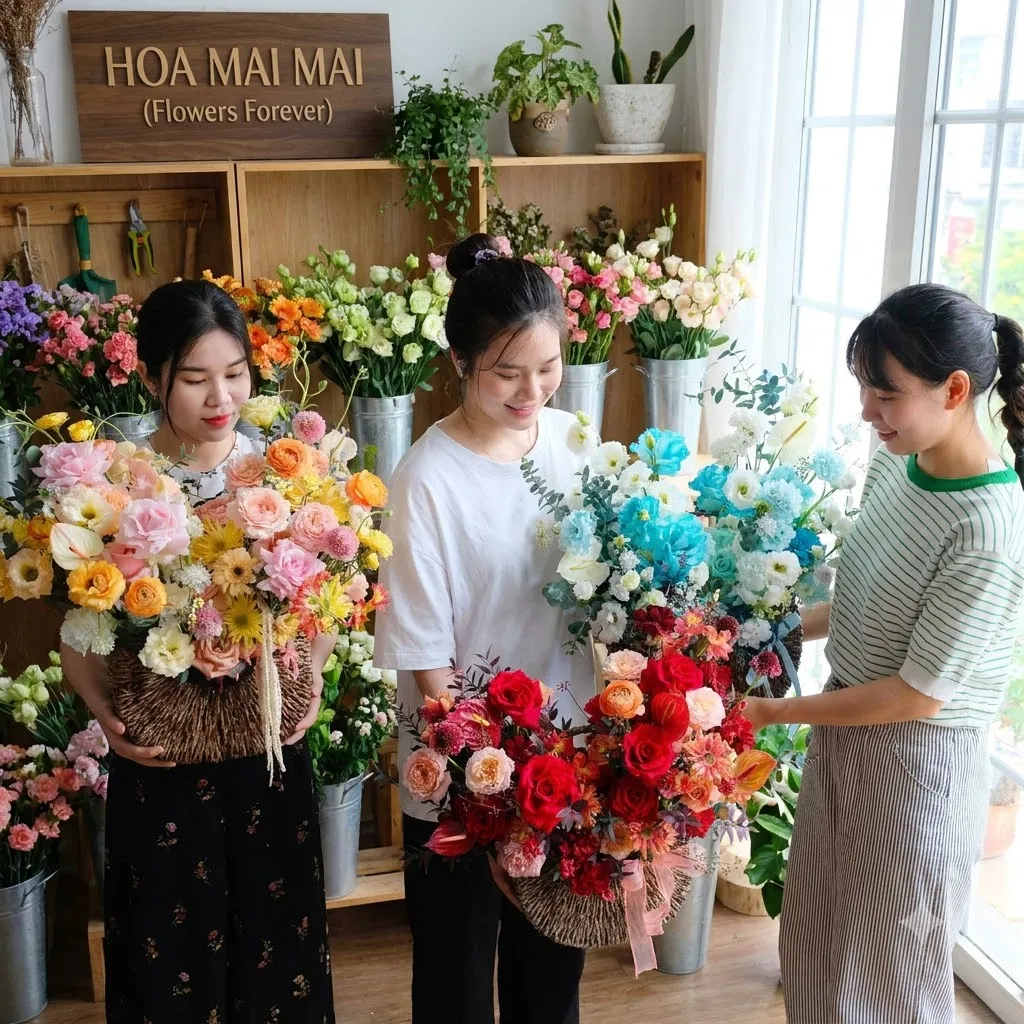 Nhân viên với giỏ hoa lớn trong tiệm tại Huyện Vạn Ninh, Khánh Hòa