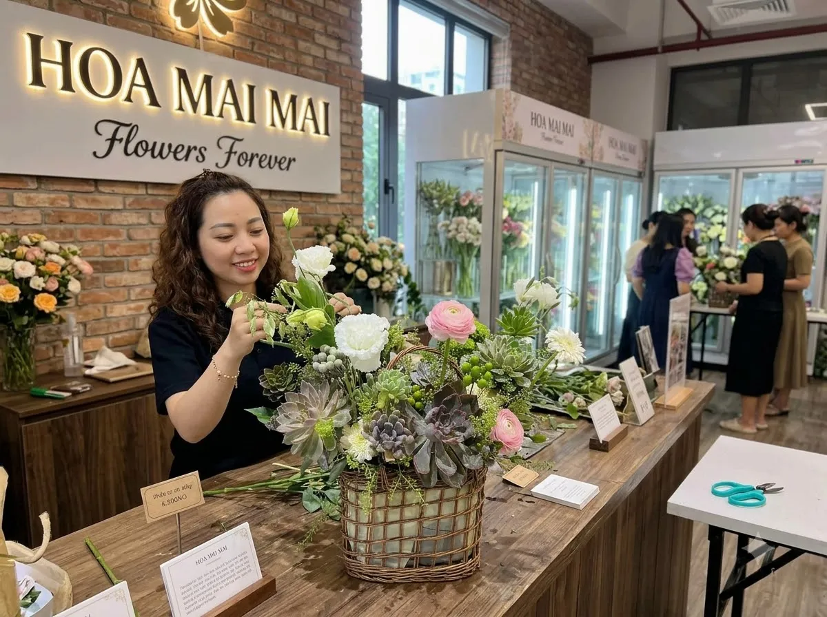 Quầy cắm hoa trong cửa hàng hoa tươi tại Trà Ôn, Vĩnh Long