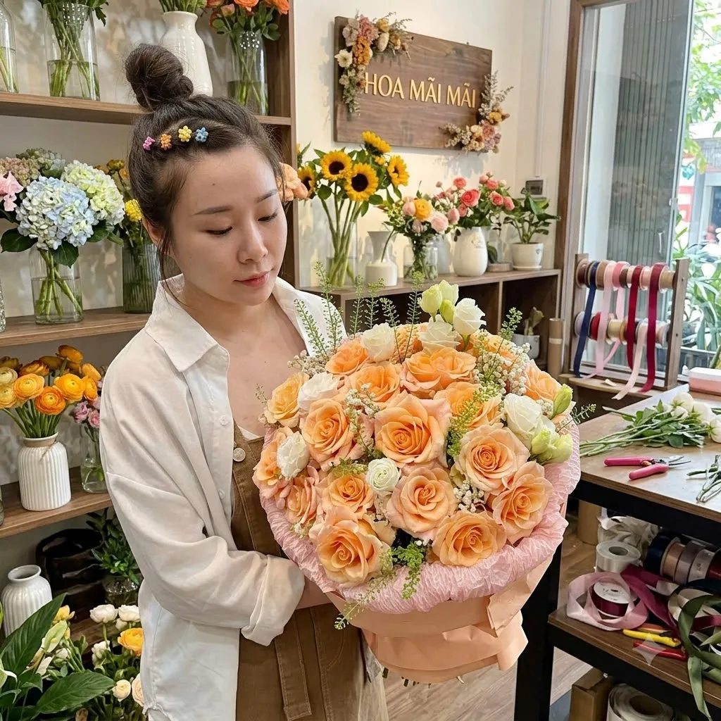 Bó hồng cam tròn phối cát tường trắng tại Huyện Krông Ana, Đắk Lắk