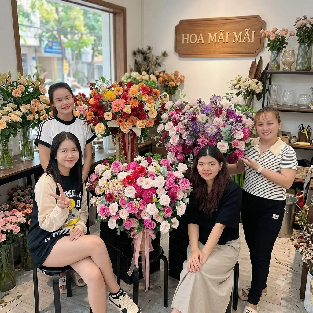 Nhân viên và lẵng hoa trong shop tại Bồng Sơn, Bình Định