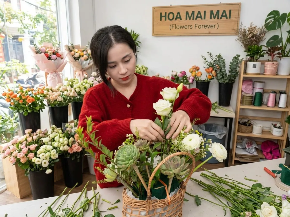 Nhân viên cắm hoa tại cửa hàng tại TP HCM