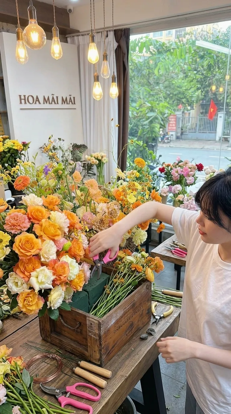 Góc cắm hoa cam vàng trong tiệm tại Huyện Hồng Dân, Bạc Liêu
