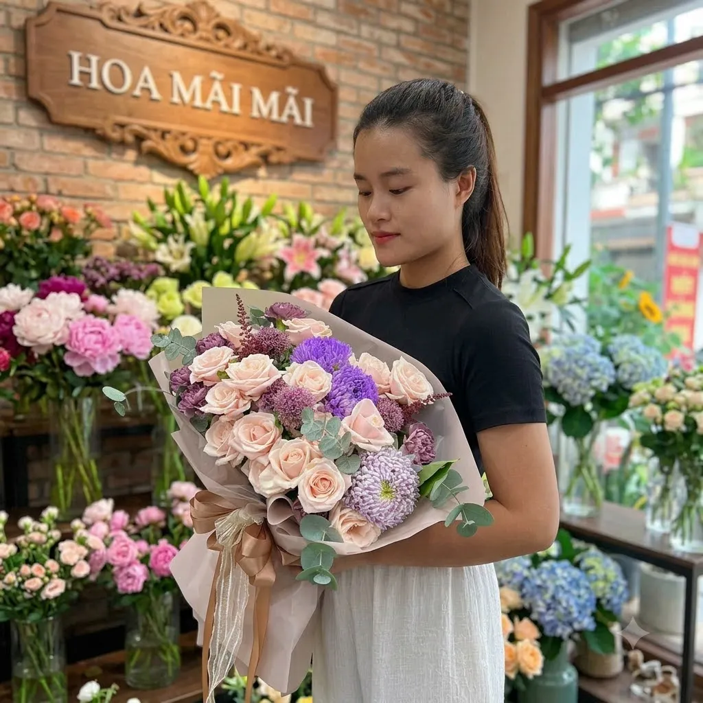 Bó hoa tông tím kem gói giấy nâu tại Bắc Giang