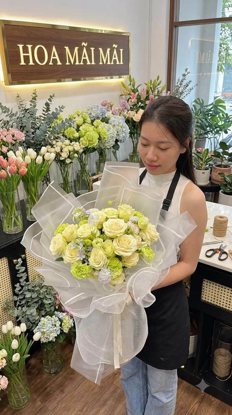 Bó hoa hồng xanh chanh gói lưới tại TP HCM