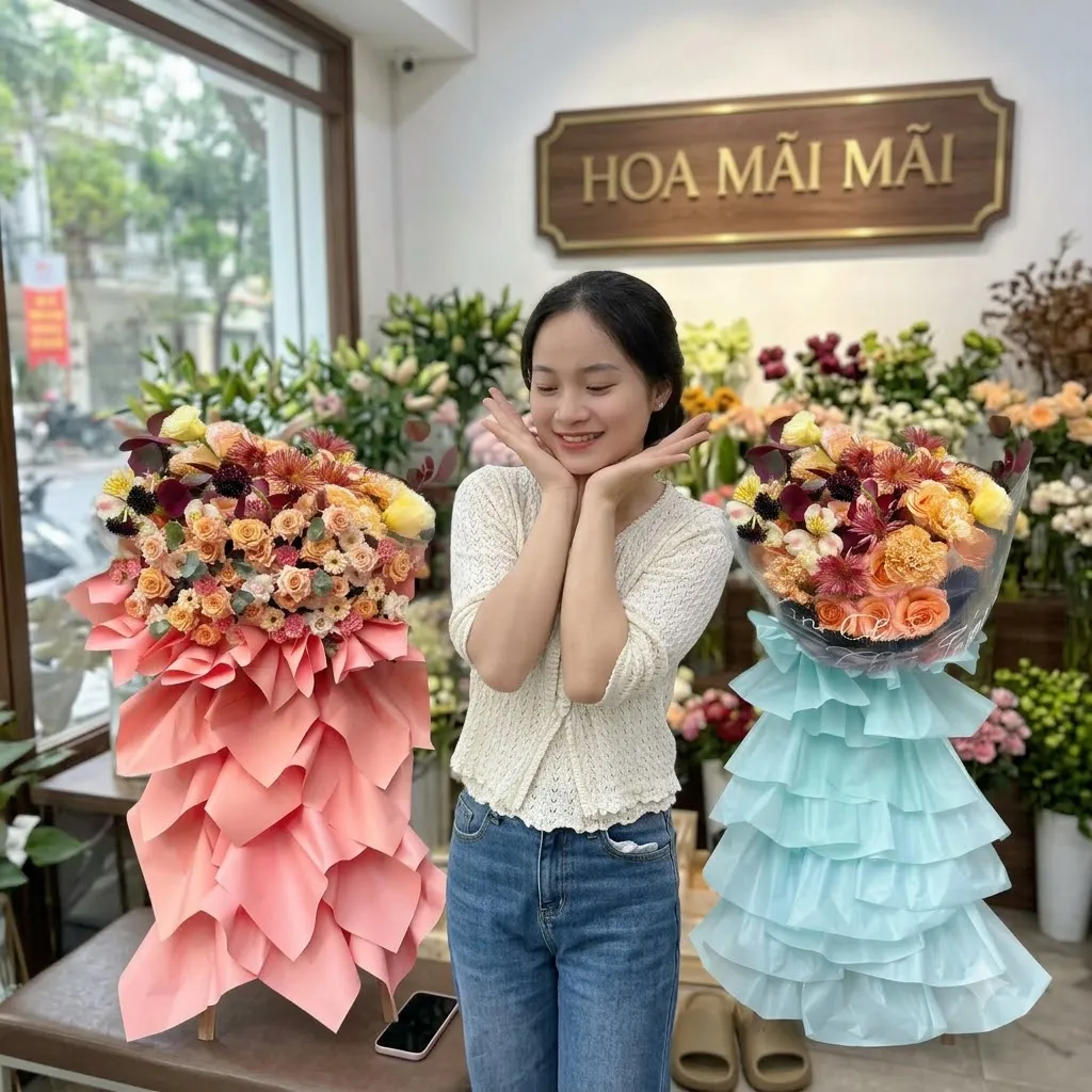 Cặp bó hoa lớn gói giấy xếp tầng tại Đường Âu Cơ, Hồ Chí Minh