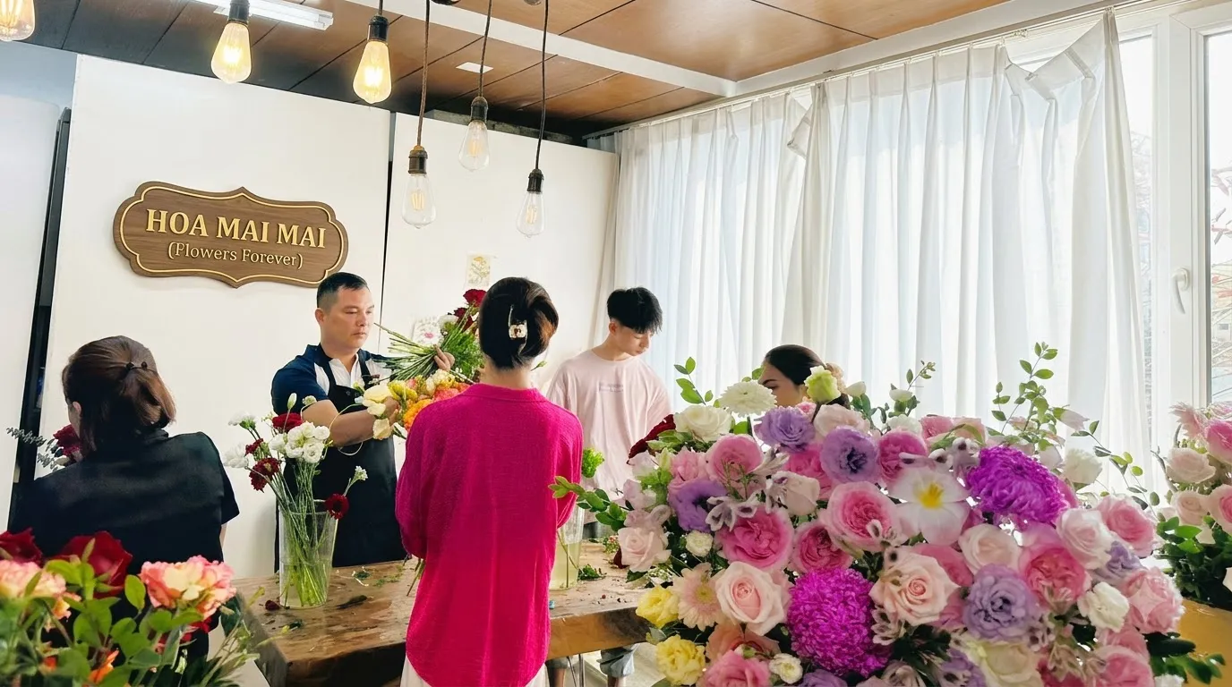 Khách chọn hoa tại tiệm hoa tươi tại Bình Phước