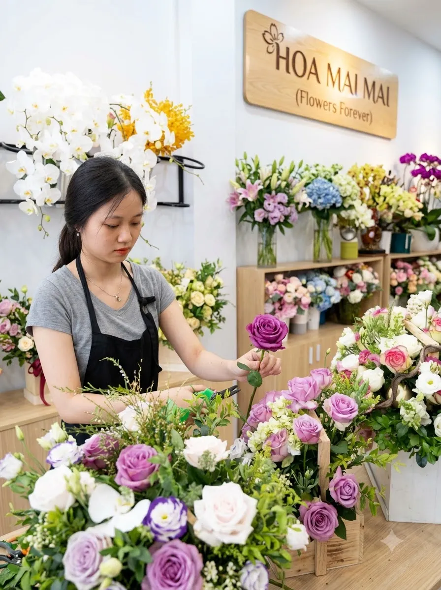 Không gian tiệm hoa với hồng tím tại Bắc Kạn