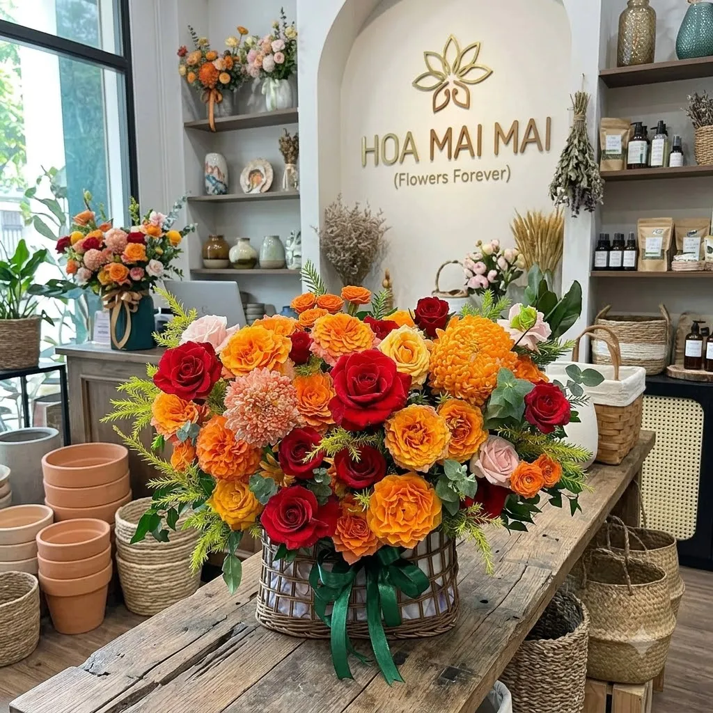 Giỏ hoa hồng cam đỏ cắm tròn tại Nam Giang, Quảng Nam