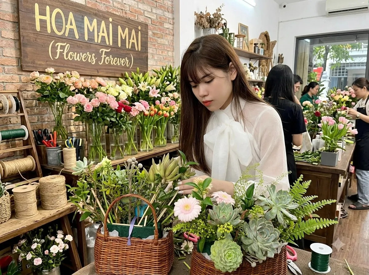 Không gian tiệm hoa với giỏ sen đá tại Bắc Kạn