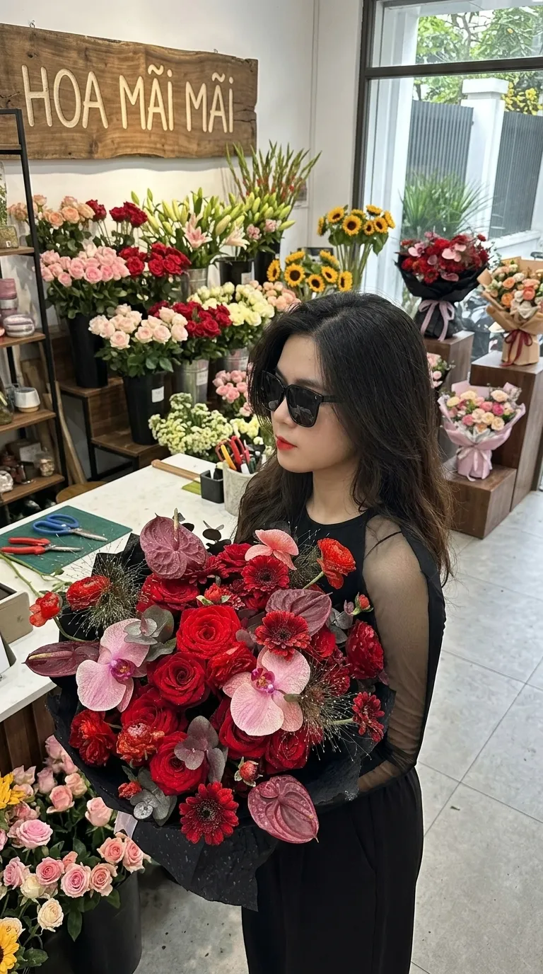 Bó hoa hồng đỏ phối lan hồ điệp tại Minh Long, Quảng Ngãi