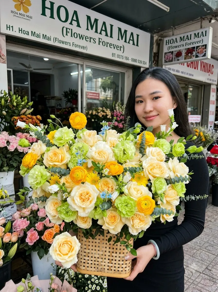 Giỏ hoa hồng vàng phối lá bạc tại Đường Nguyễn Chí Thanh, Đà Nẵng