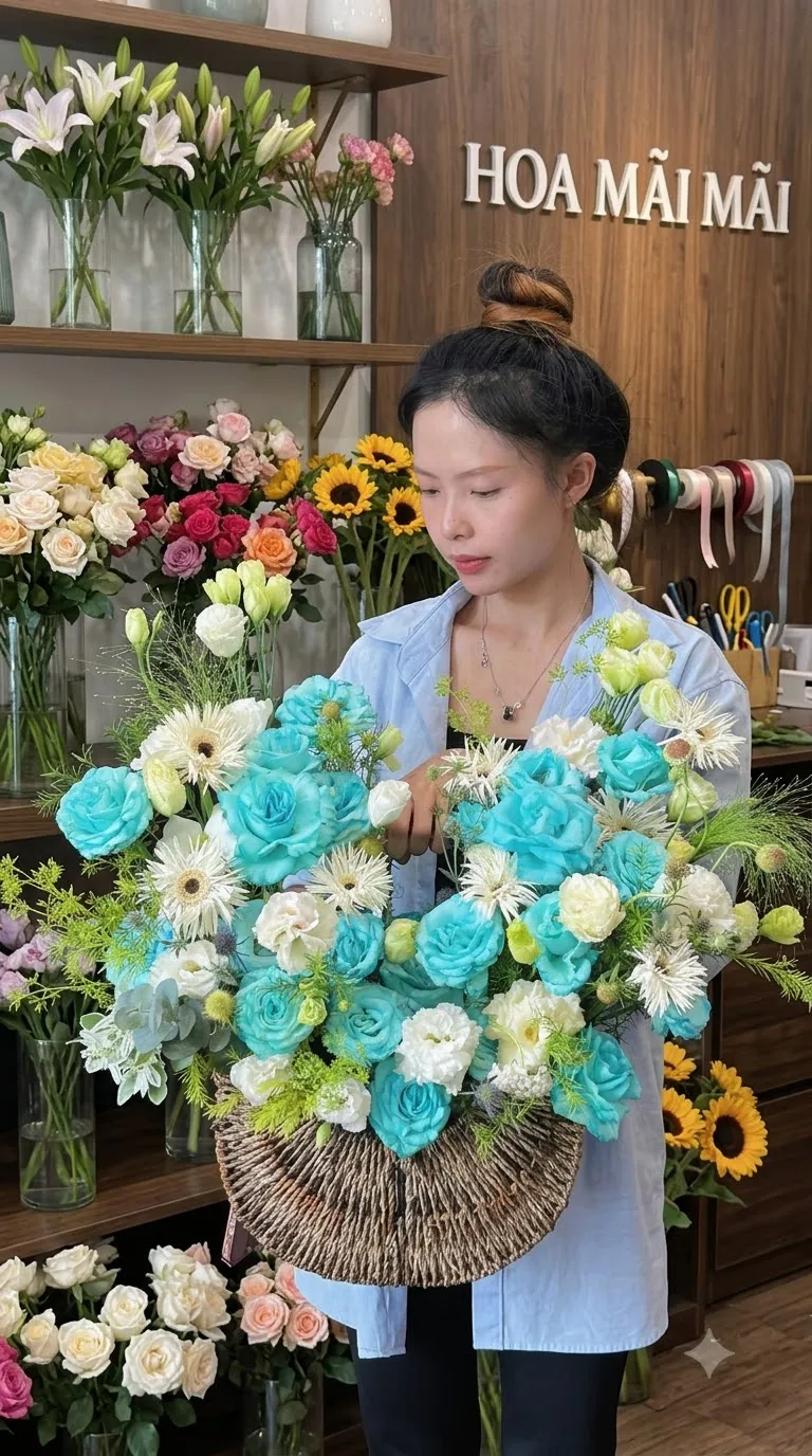 Giỏ hoa hồng xanh ngọc phối cúc trắng tại Hà Trung, Thanh Hóa