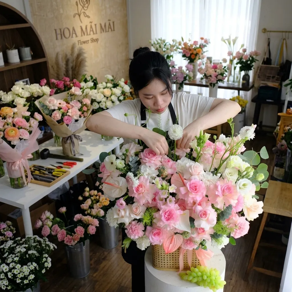 Giỏ hoa hồng phấn cỡ lớn tại Huyện Văn Yên, Yên Bái