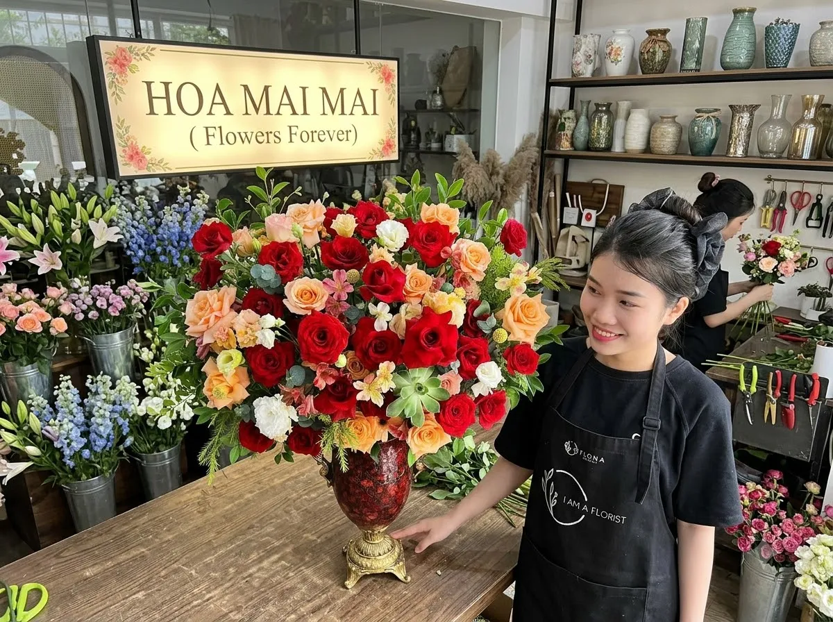 Bình hoa hồng đỏ mix nhiều màu tại Đà Lạt, Lâm Đồng