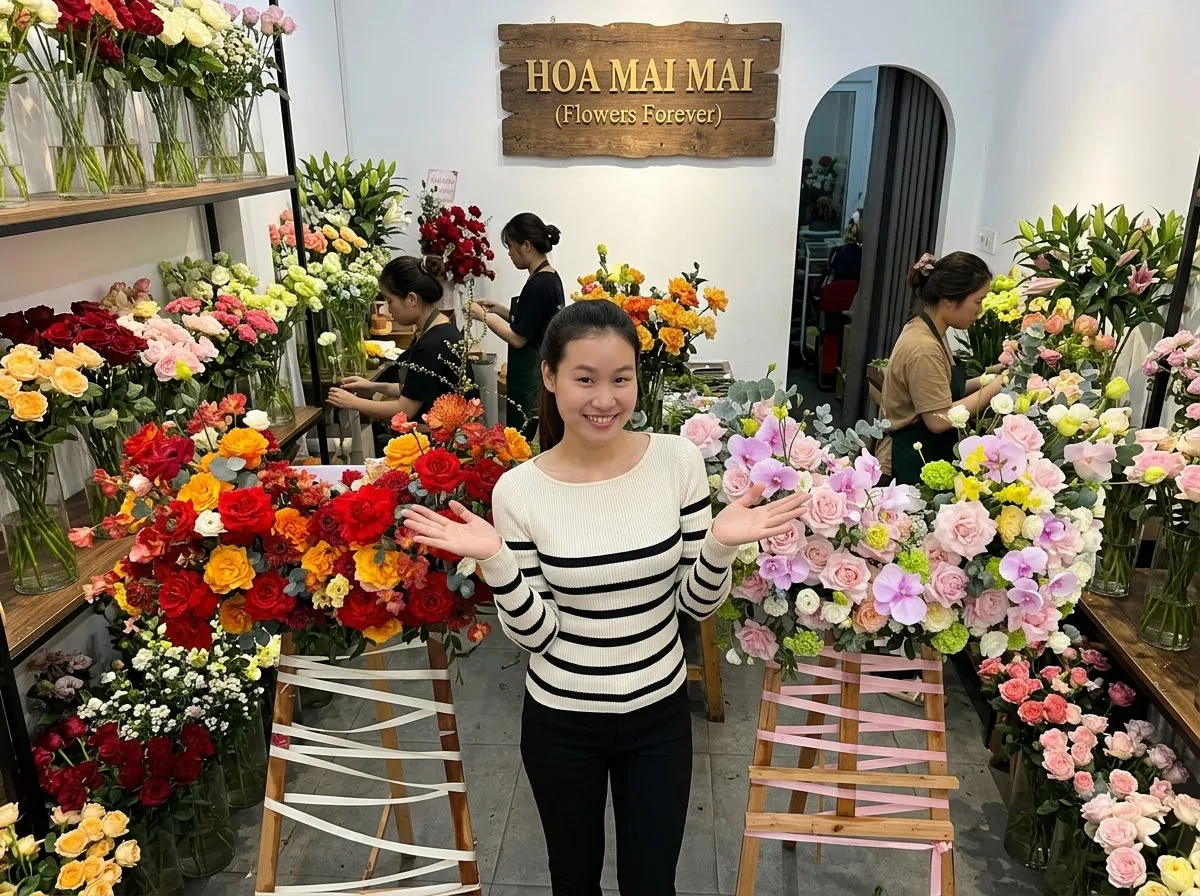 Kệ hoa chúc mừng tông đỏ hồng tại Huyện Tuần Giáo, Điện Biên