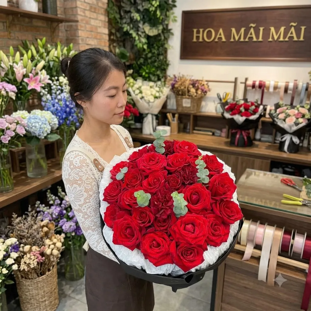 Bó hồng đỏ tròn viền voan trắng tại Bồng Sơn, Bình Định