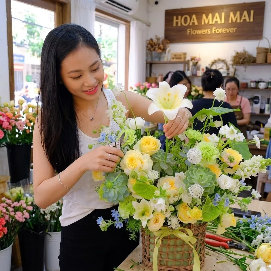 Giỏ hoa tông vàng phối ly trắng tại Thị Xã Nghĩa Lộ, Yên Bái