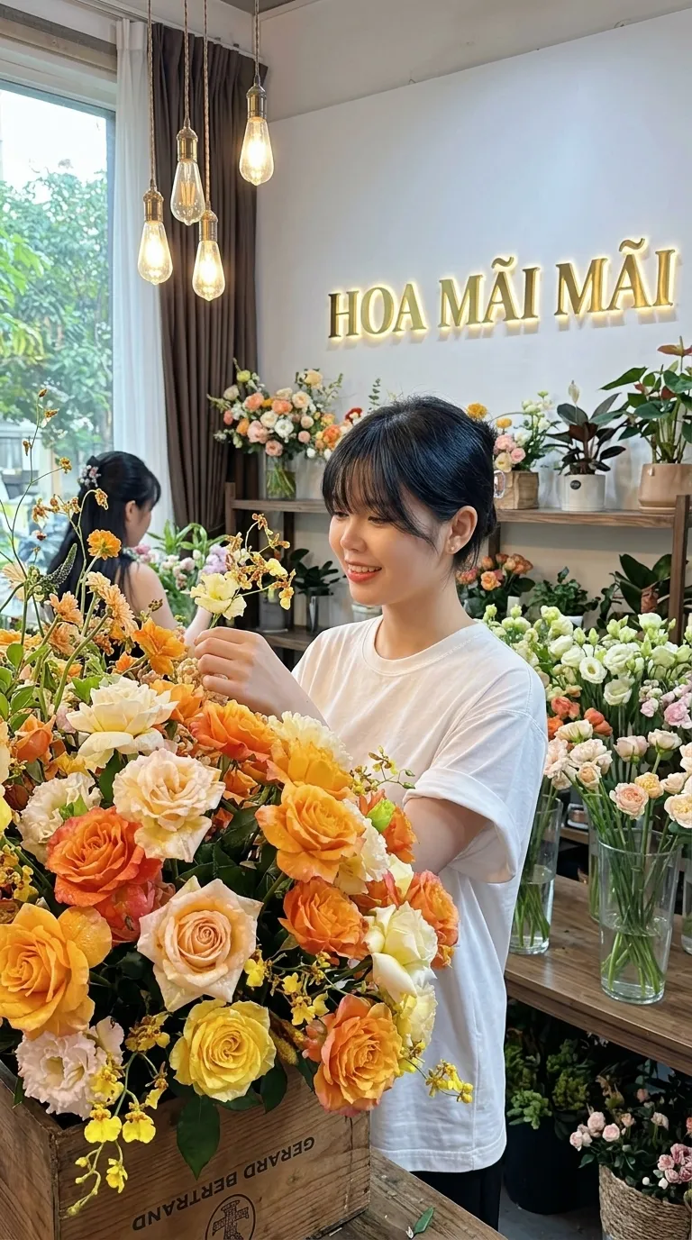 Nhân viên tiệm hoa cắm hoa hồng cam tại Minh Long, Quảng Ngãi
