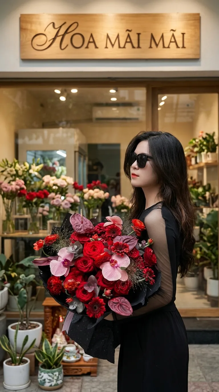 Bó hoa đỏ phối môn hồng nổi bật tại Bình Phước