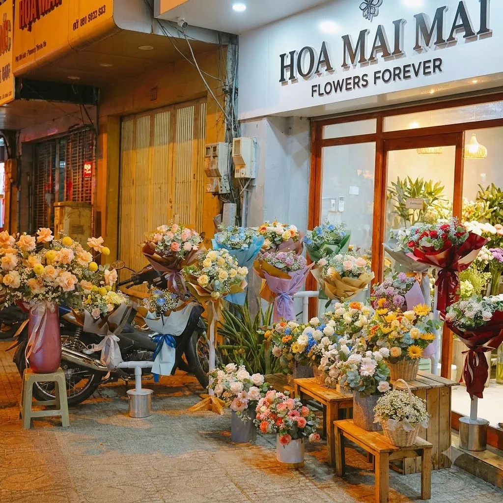 Vỉa hè trước shop hoa nhiều màu tại Đường Phan Tứ, Đà Nẵng