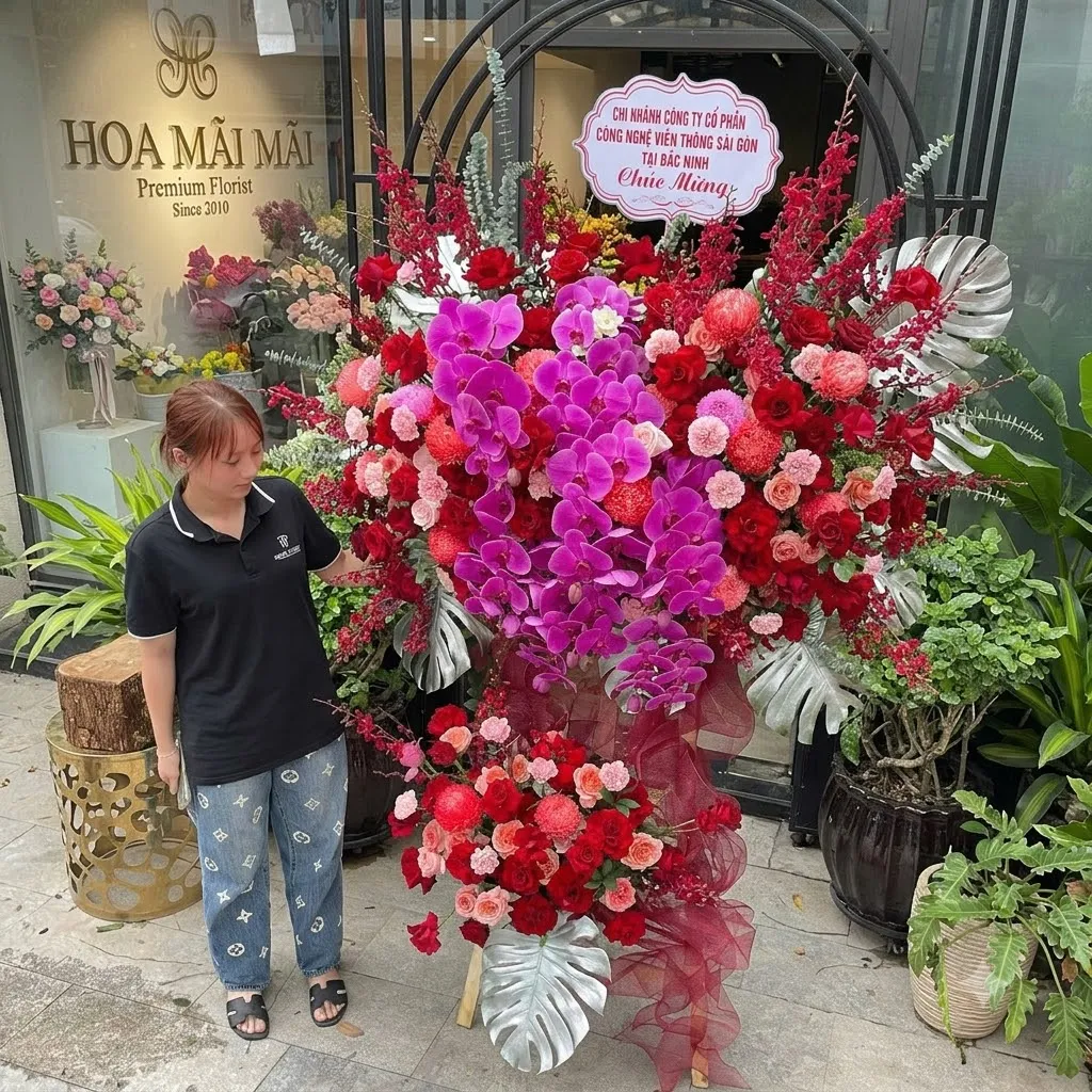Kệ hoa chúc mừng tông đỏ tím tại Bảo Lộc, Lâm Đồng