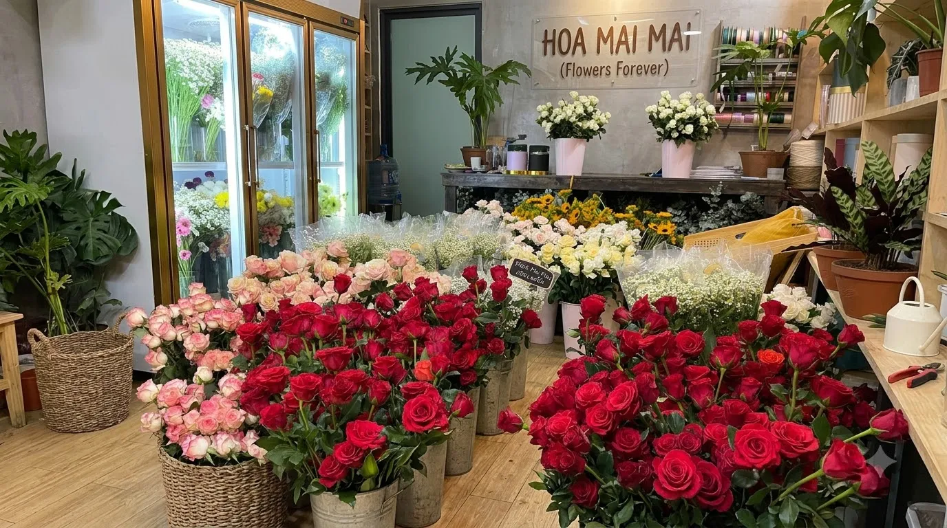 Xô hoa hồng đỏ và hồng phấn tại Thị Xã Đức Phổ, Quảng Ngãi