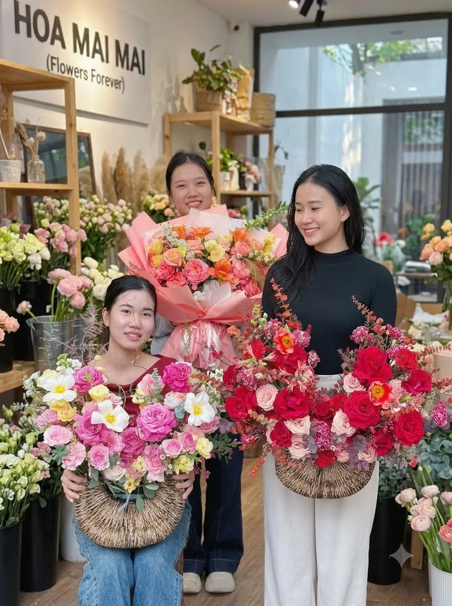 Nhân viên ôm giỏ hoa tươi tại Huyện Gò Quao, Kiên Giang