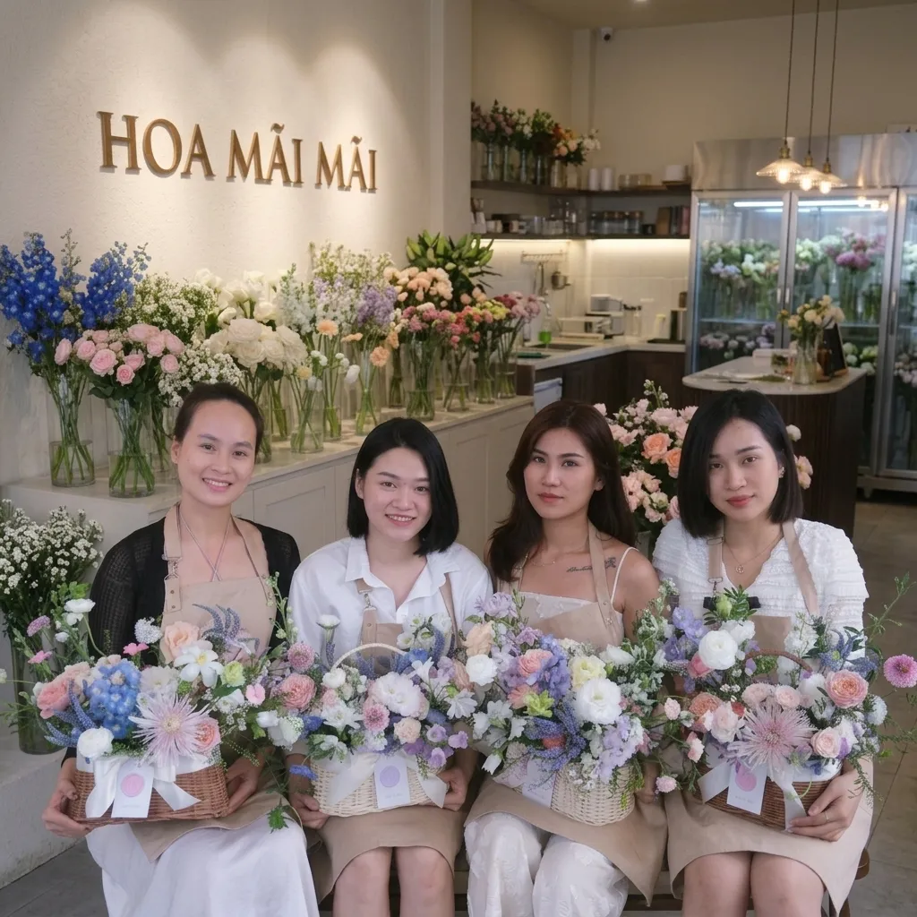 Nhân viên tiệm hoa cùng giỏ hoa tại Đường Tân Kỳ Tân Quý, Hồ Chí Minh