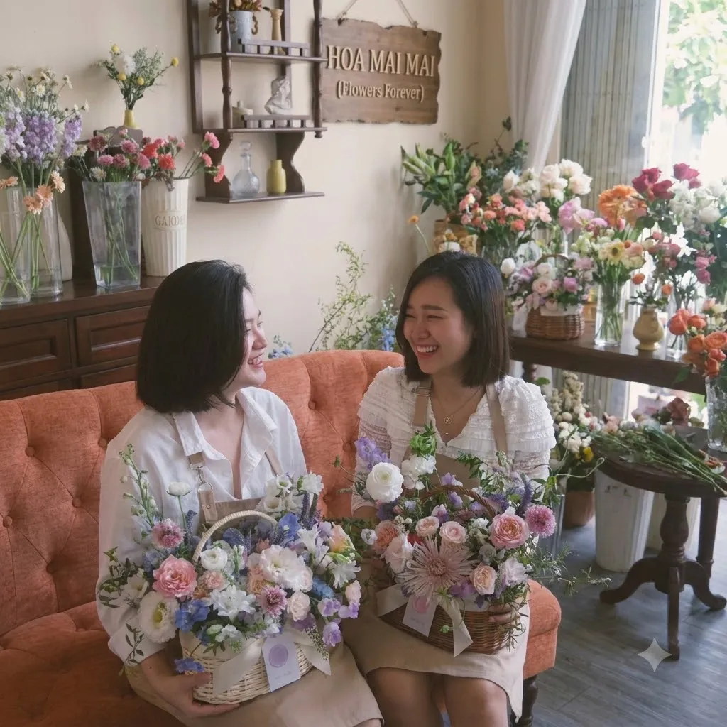 Góc ghế nệm cam trong tiệm hoa tại Bến Tre