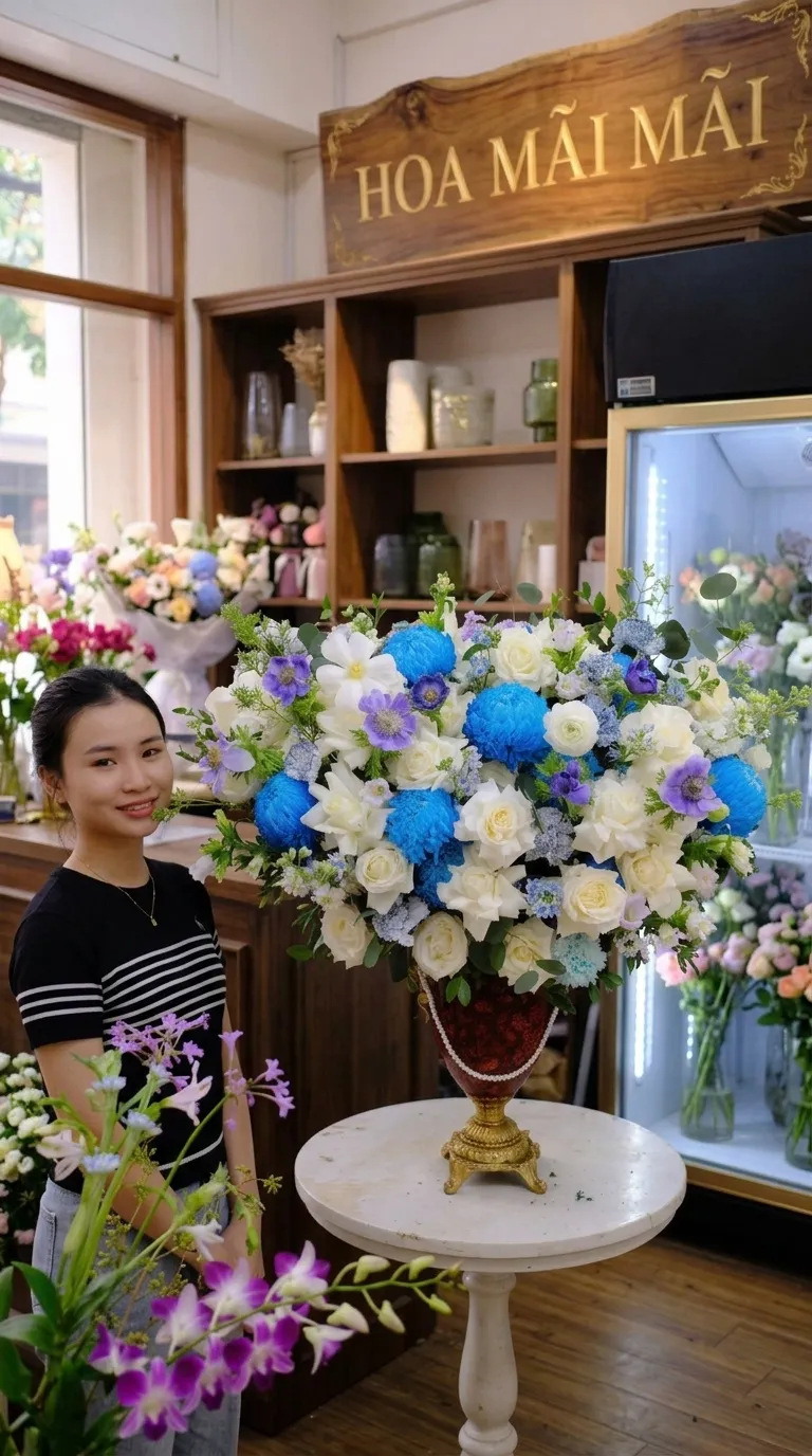 Bình hoa xanh trắng trưng bày trong tiệm tại Nam Giang, Quảng Nam