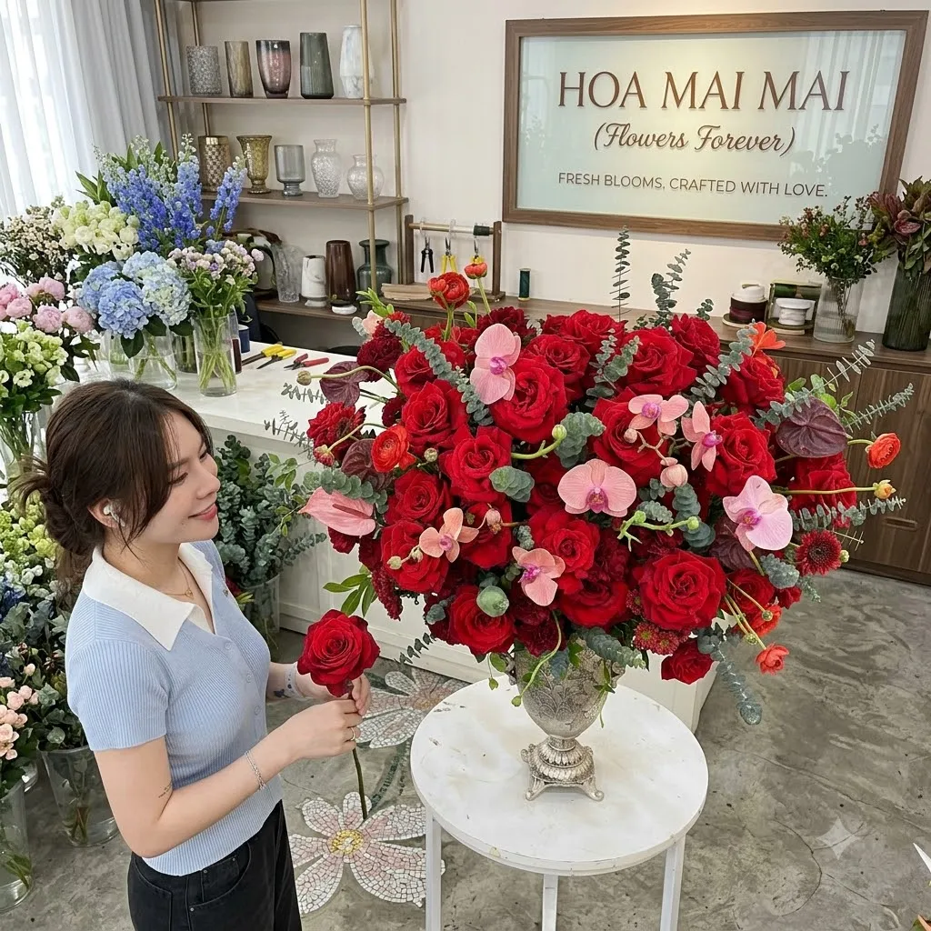 Bình hoa hồng đỏ phối lan hồ điệp tại TP HCM