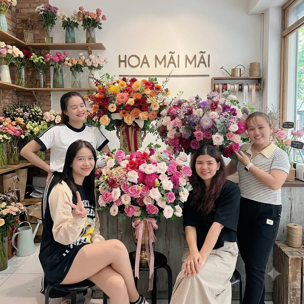 Nhân viên cửa hàng hoa tươi bên lẵng hoa tại Nam Giang, Quảng Nam