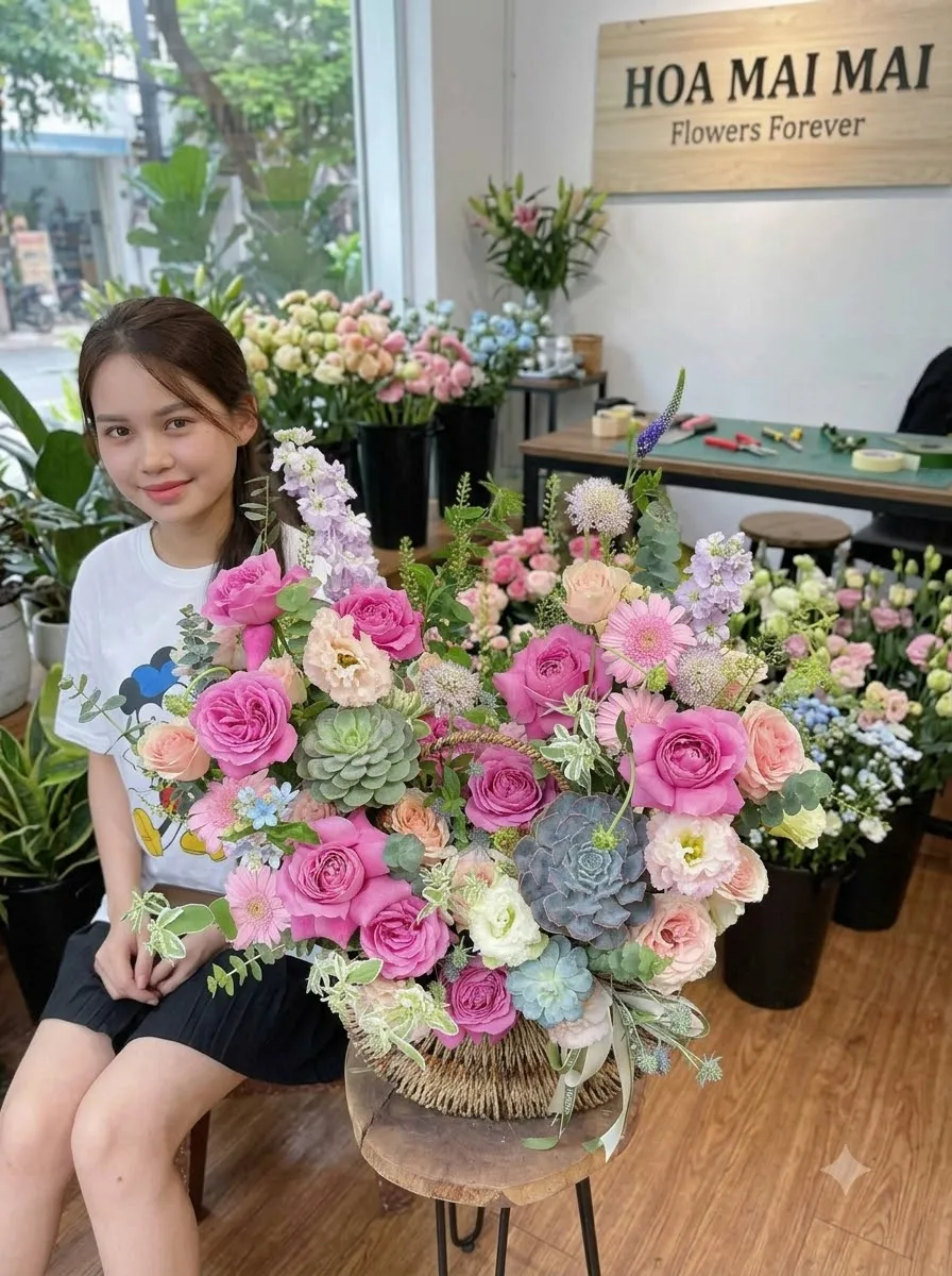 Giỏ hoa hồng phối sen đá tại Huyện Vị Xuyên, Hà Giang