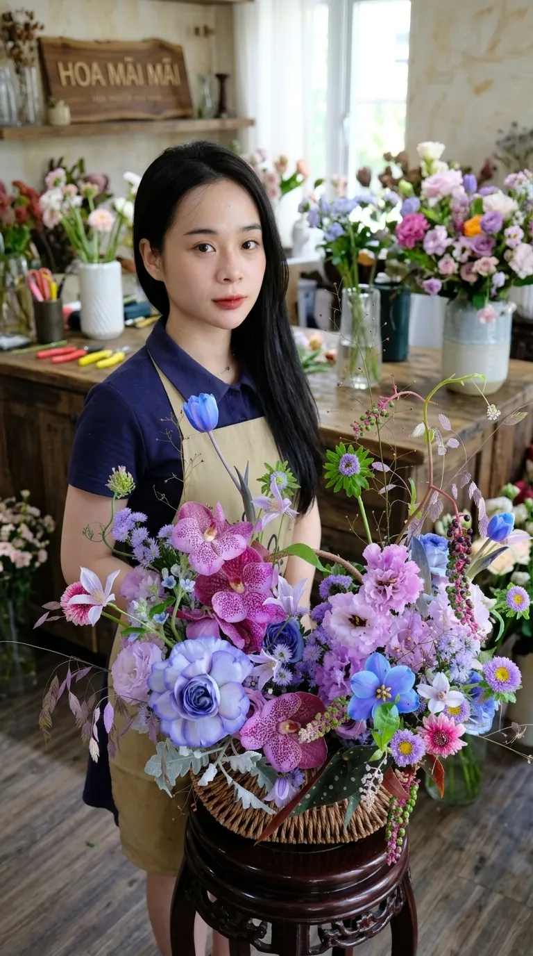 Giỏ hoa tông tím pastel nhiều tầng tại Thới Lai, Cần Thơ