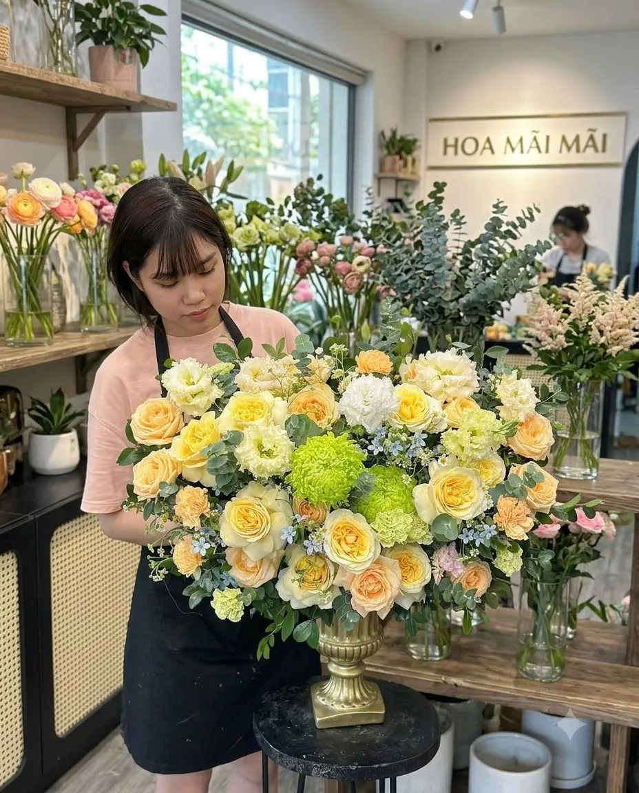 Lẵng hoa vàng chanh phối hoa xanh tại Huyện Hồng Dân, Bạc Liêu