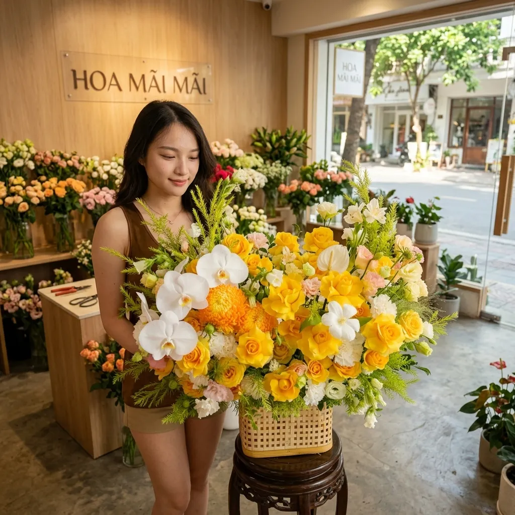 Giỏ hoa vàng lớn trên đôn gỗ tại Huyện Văn Yên, Yên Bái
