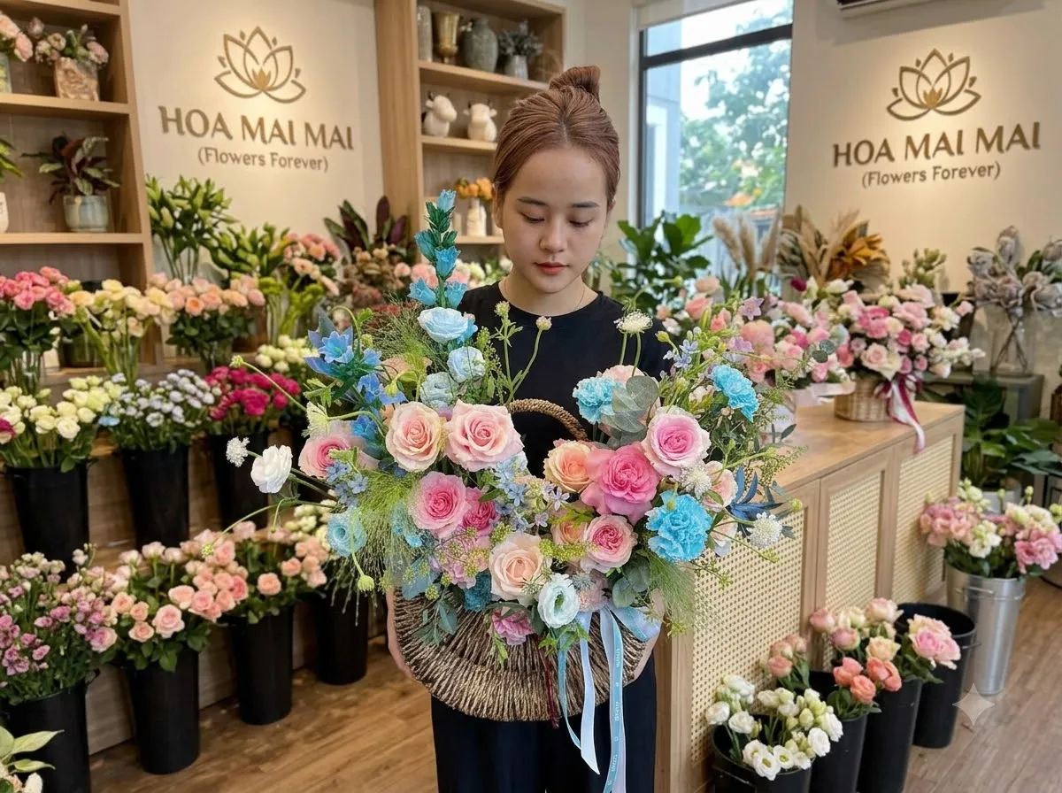 Giỏ hoa hồng pastel phối xanh tại Hà Giang
