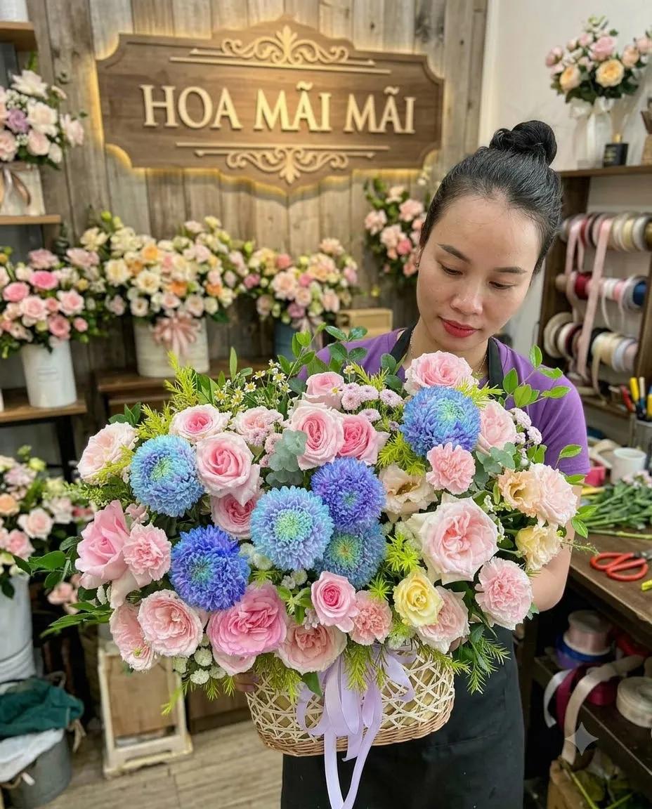 Giỏ hoa hồng phấn phối cúc mẫu đơn xanh tại Chiêm Hóa, Tuyên Quang