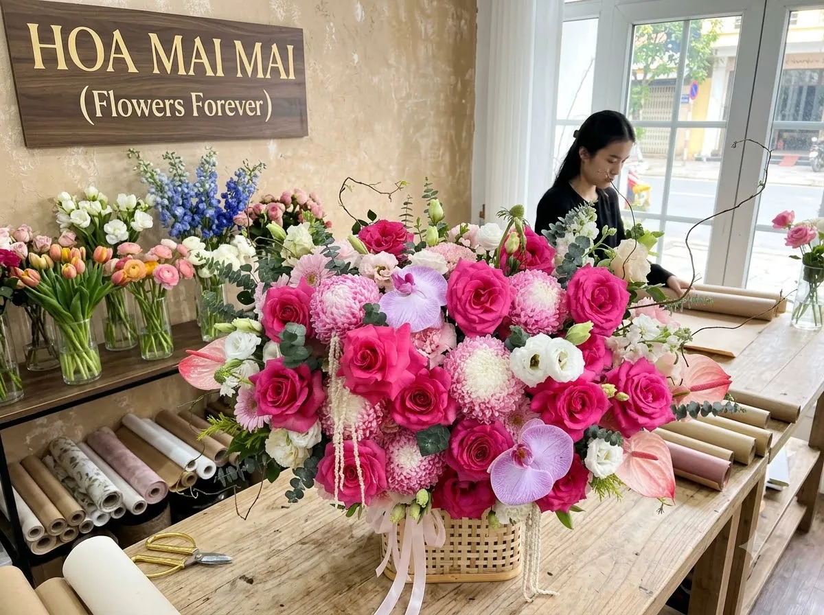 Giỏ hoa hồng sen phối cúc mẫu đơn tại Đường Nguyễn Văn Linh, Hồ Chí Minh