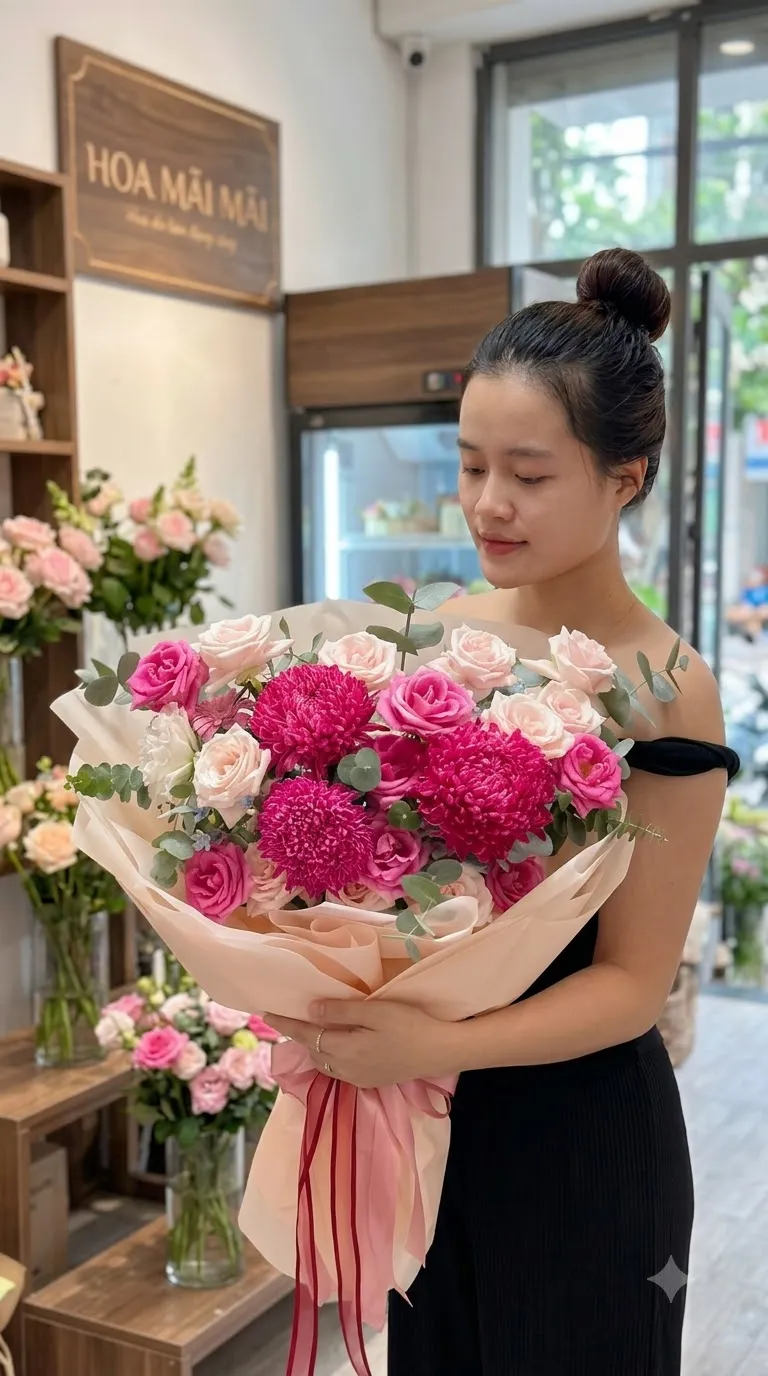 Bó hoa cúc mẫu đơn hồng sen tại Huyện Krông Ana, Đắk Lắk