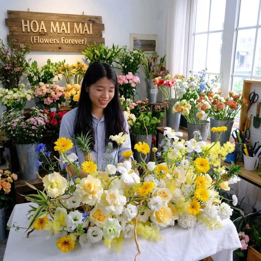 Mâm hoa bàn tiệc tông vàng trắng tại Bình Phước