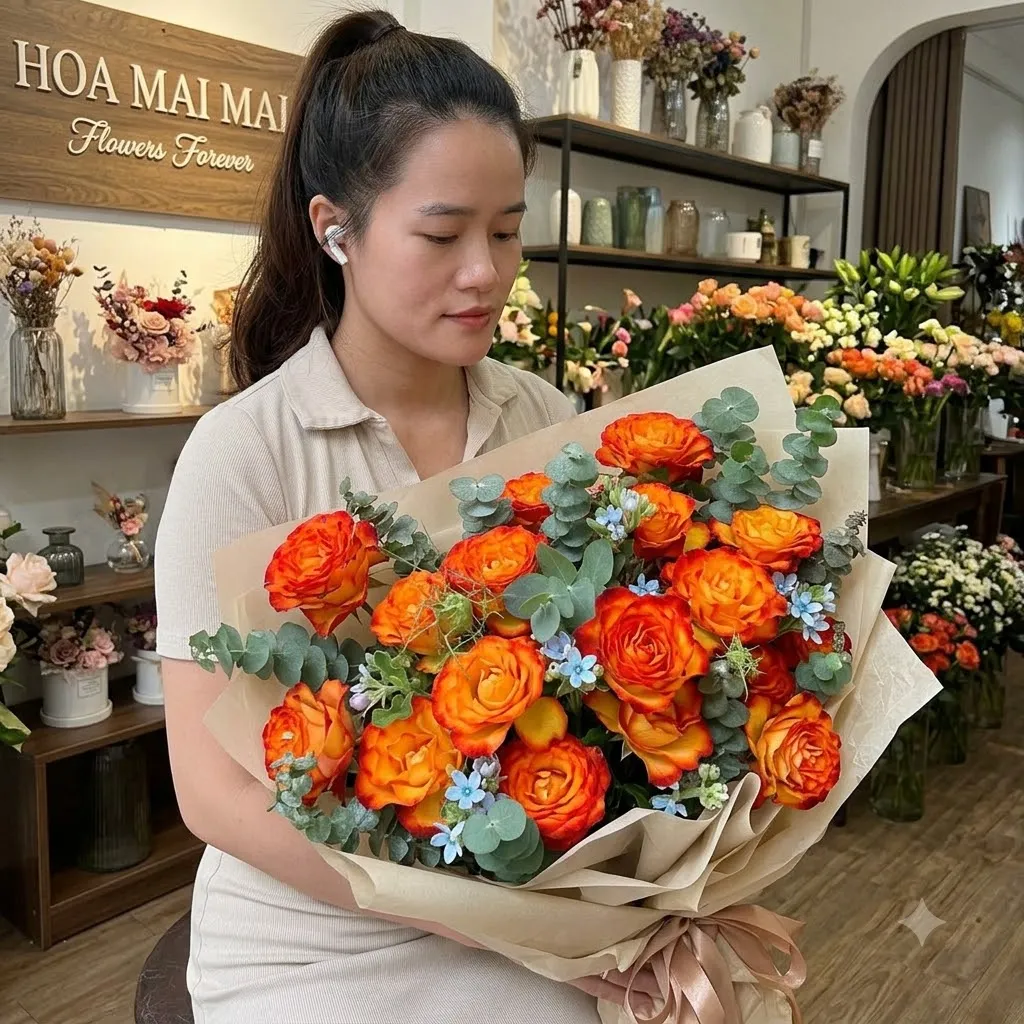 Bó hồng cam phối lá bạch đàn tại Bình Phước