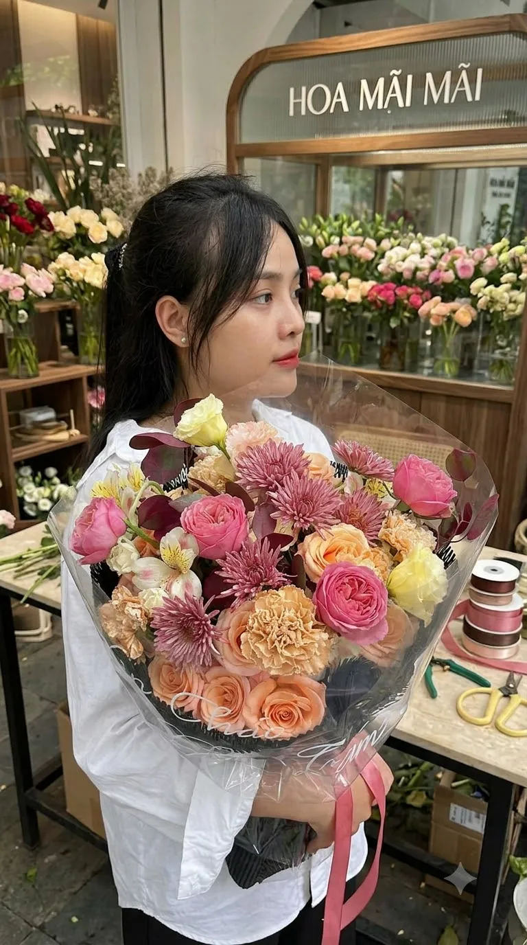 Bó hoa cúc mẫu đơn tông cam hồng tại Huyện Hồng Dân, Bạc Liêu