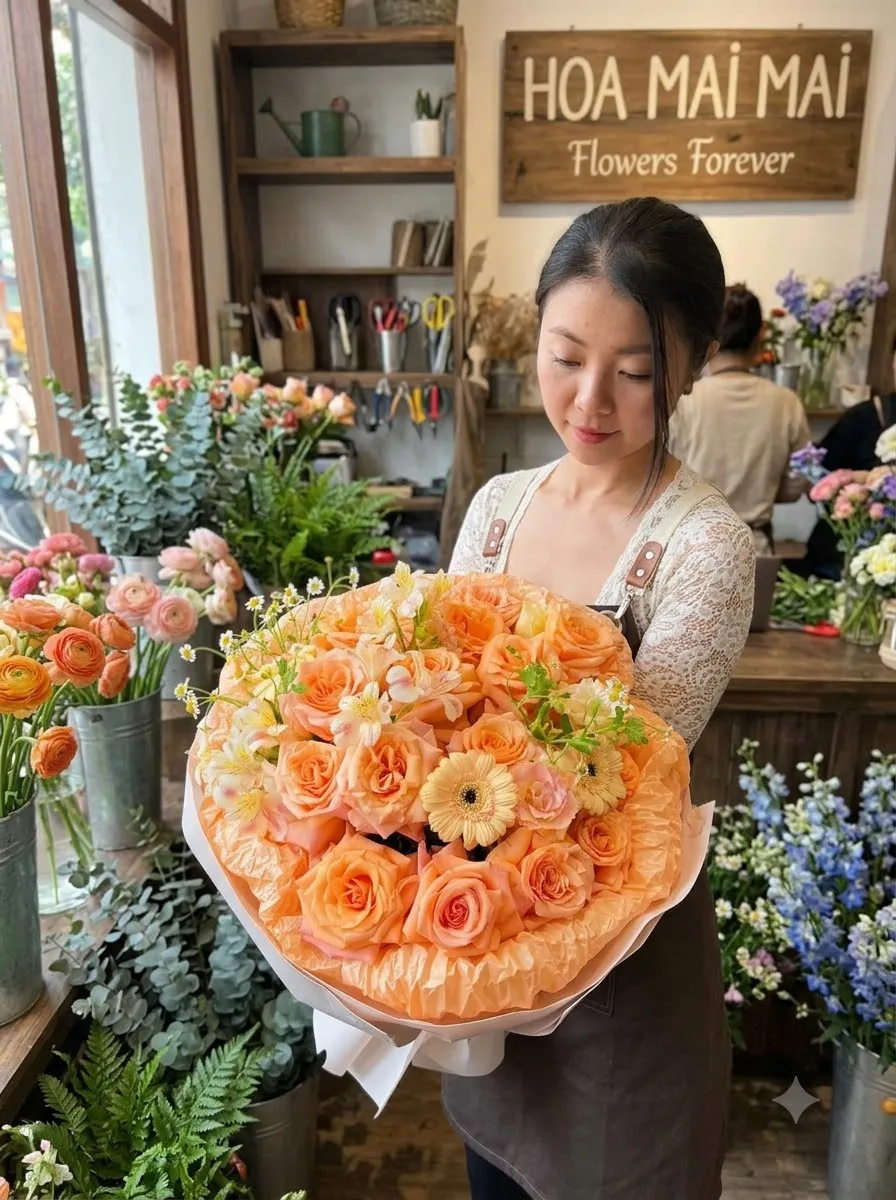 Bó hoa hồng cam phối cúc đồng tiền tại Thị Xã Nghĩa Lộ, Yên Bái